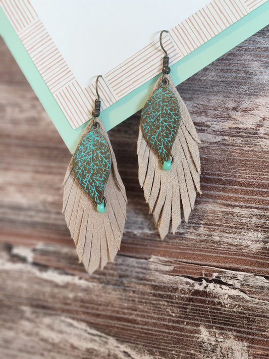 Beige leather earrings w/bronze leaves