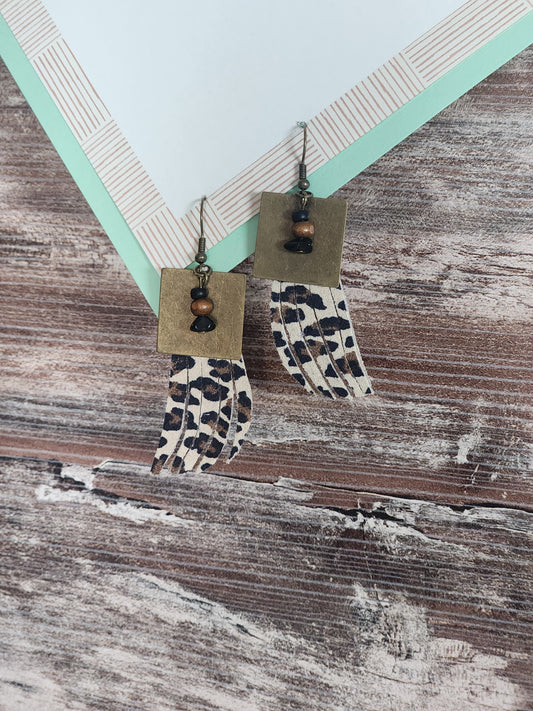 Beige leopard print fringe leather earrings w/square brass accent