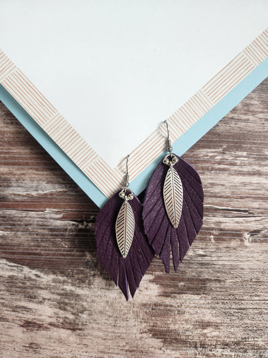 Purple leather earrings w/leaves