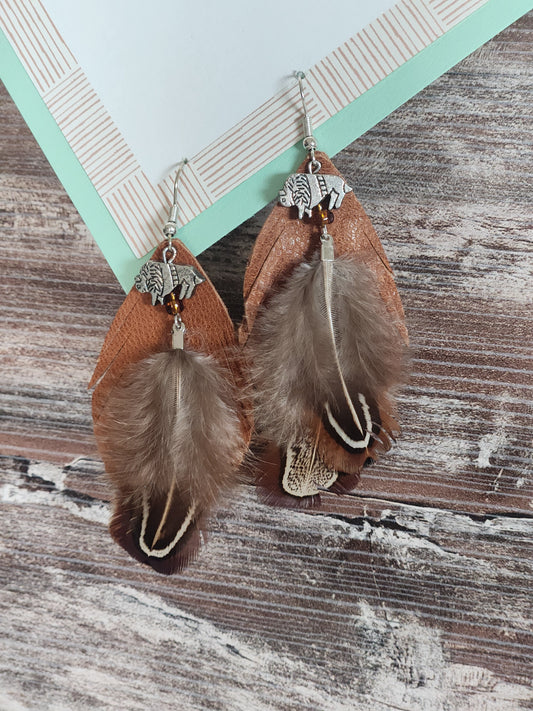 Caramel leather earrings w/buffalo & feathers
