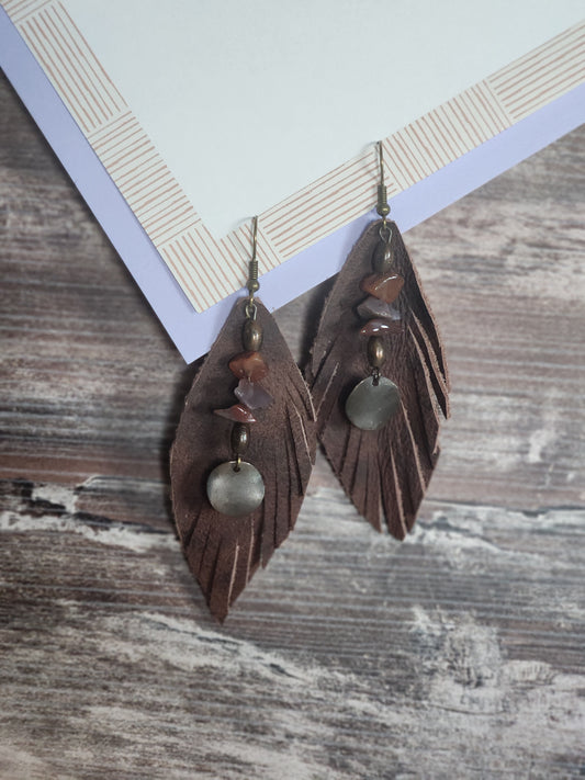Dark brown leather earrings w/stones & metal charm