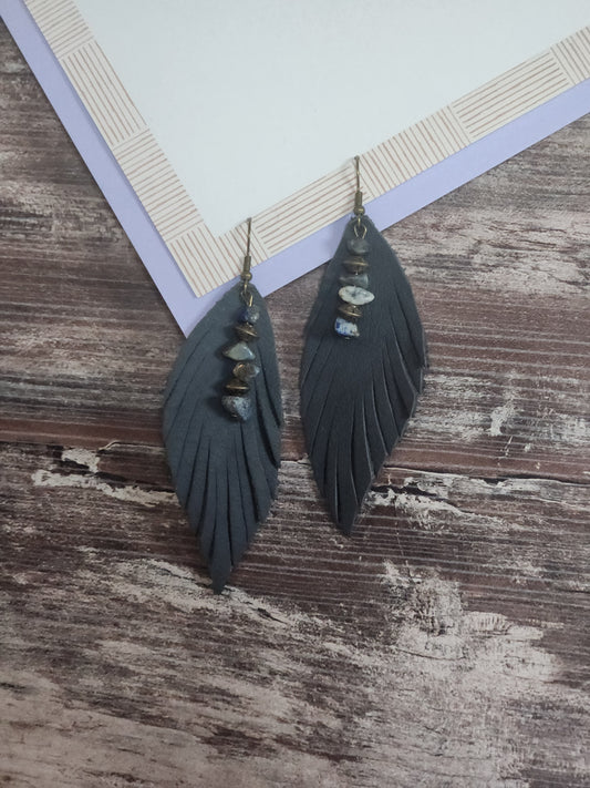 Grey-blue leather earrings w/stones