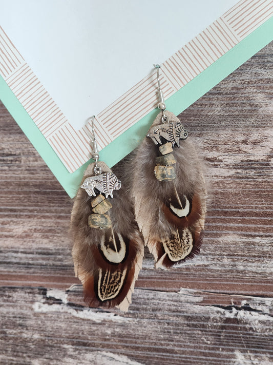 Beige leather earrings w/feather, stones, & buffalo