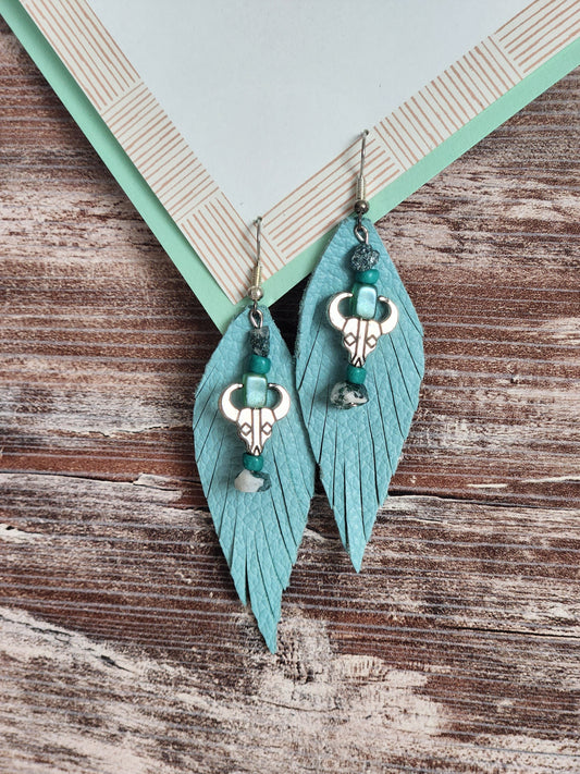 Light aqua leather earrings w/bullheads & stones