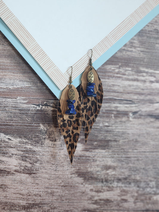 Tan leopard print & beige leather earrings w/stones