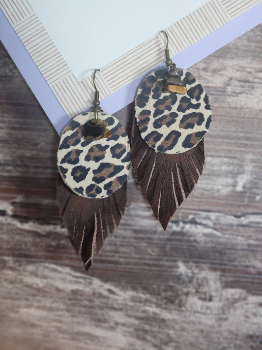 Beige leopard print & dark brown leather earrings w/stones