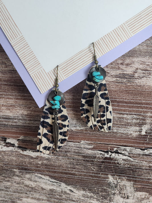 Beige leopard print leather earrings w/stones & metal accents