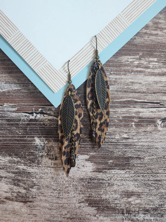 Leopard print leather earrings w/metal accents & dangle