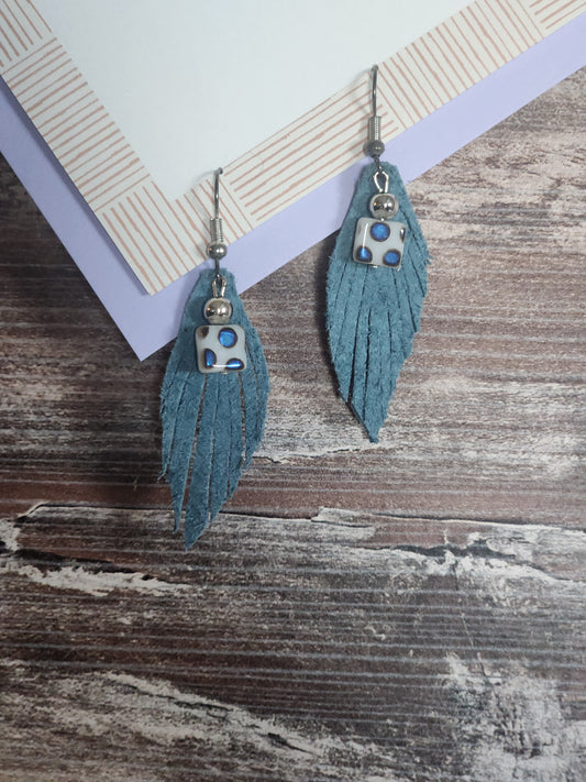 Denim blue leather earrings w/polka dots